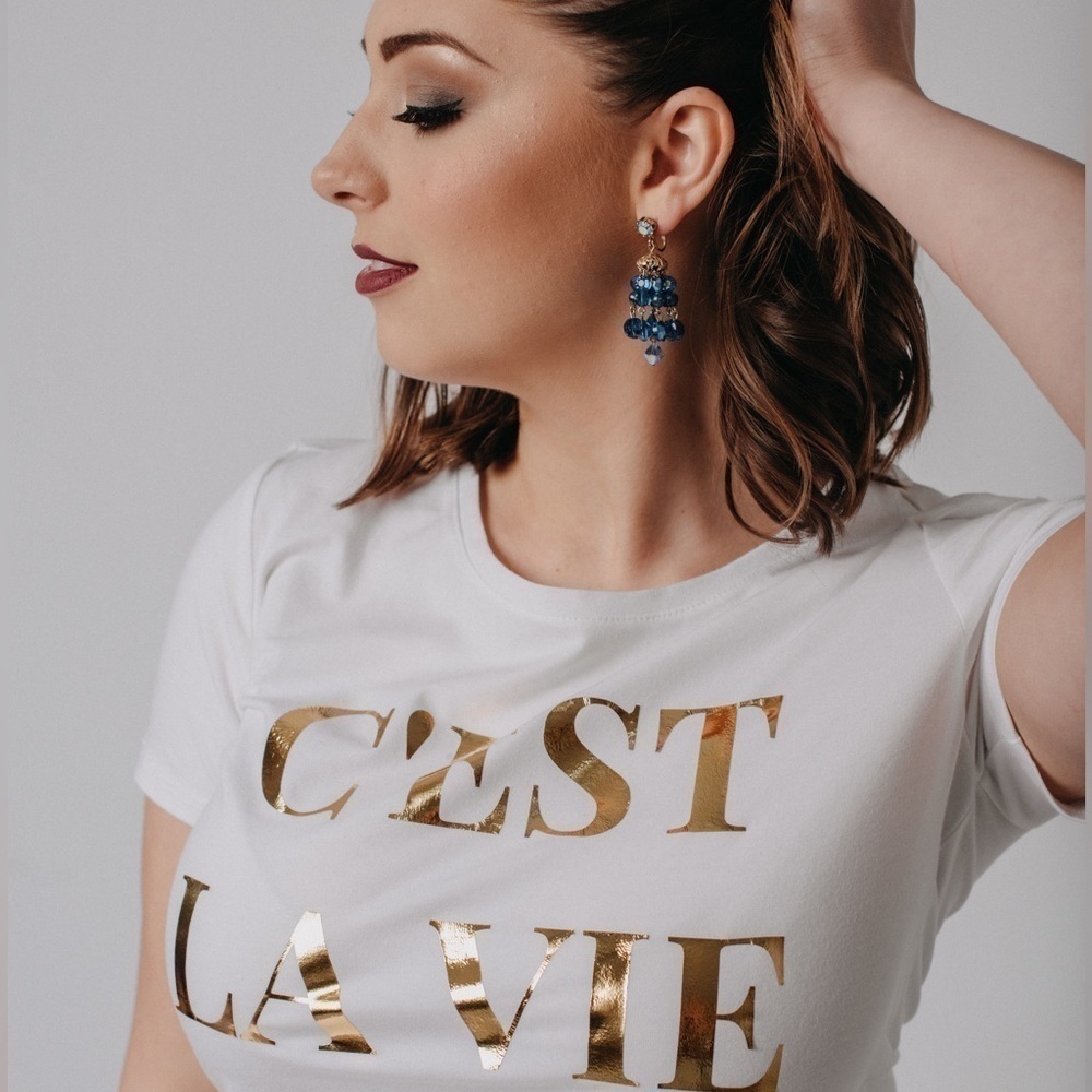 Super cute gold & blue iridescent bead clip on earrings